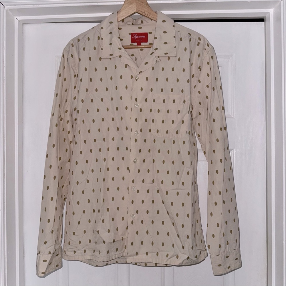 Supreme Button Down Shirt Cotton Polka Dot Beige Off White M Vintage